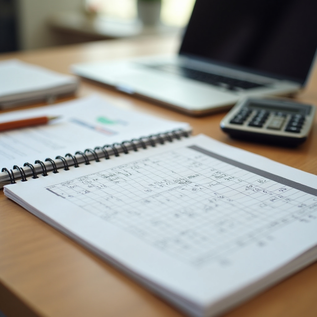 A desk with a laptop, notebook, and printed pricing worksheet used to plan coworking desk rates